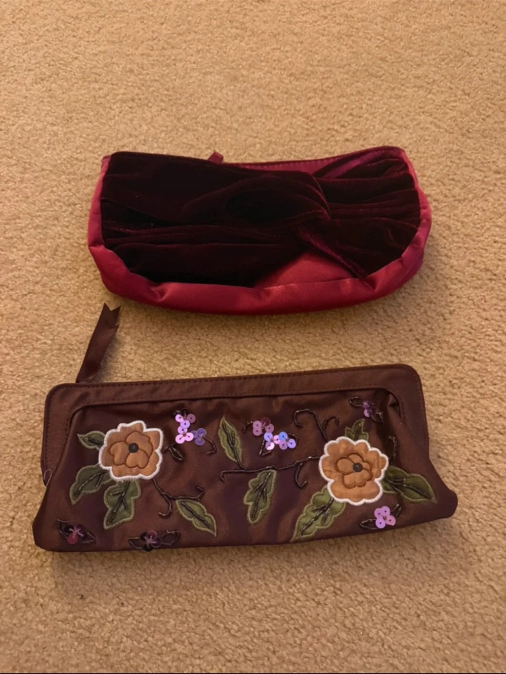 2 Women's Embroidered Floral Clutches in Deep Brown and Burgundy
